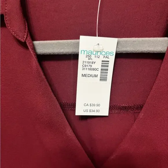 NWT Maurices Burgundy V-Neck Blouse with Long Sleeves Size M - Picture 3 of 4